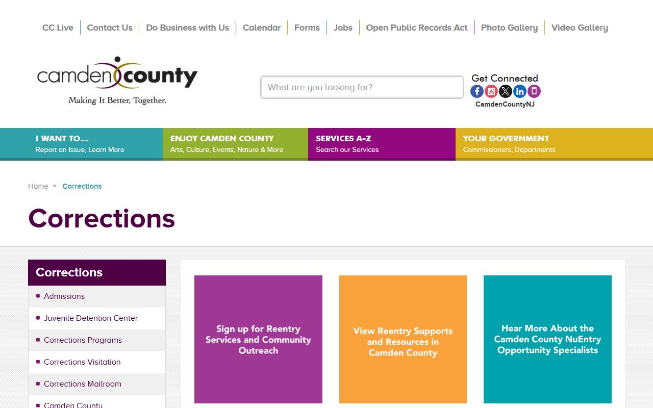 Camden County Corrections page for a Camden County inmate search and jail custody status