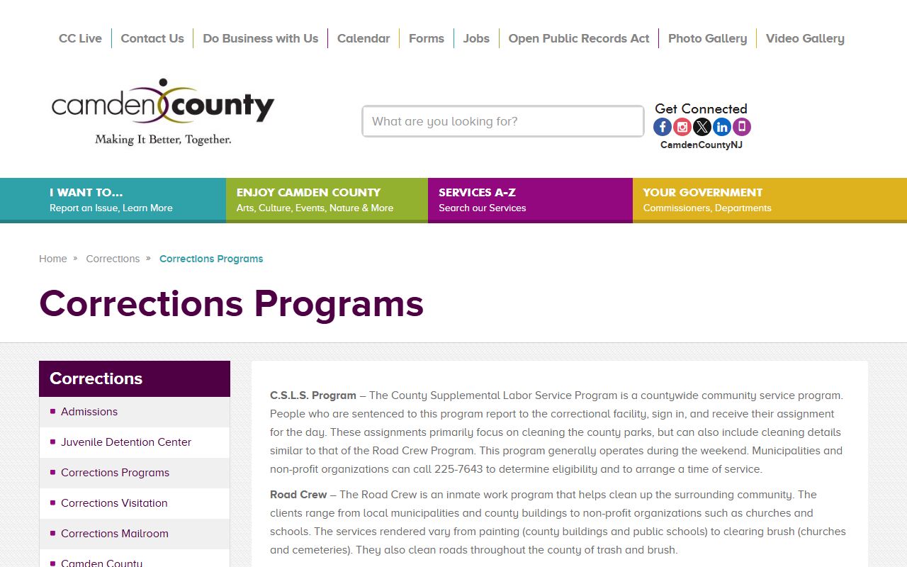 Camden County correctional facility programs page affecting jail inmate population