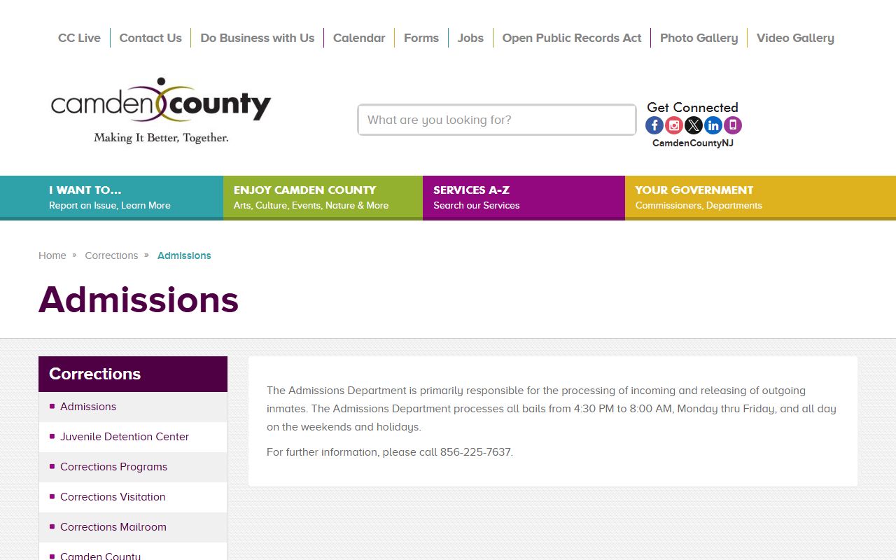 Camden County Correctional Facility page for adult Camden County inmate admissions and custody