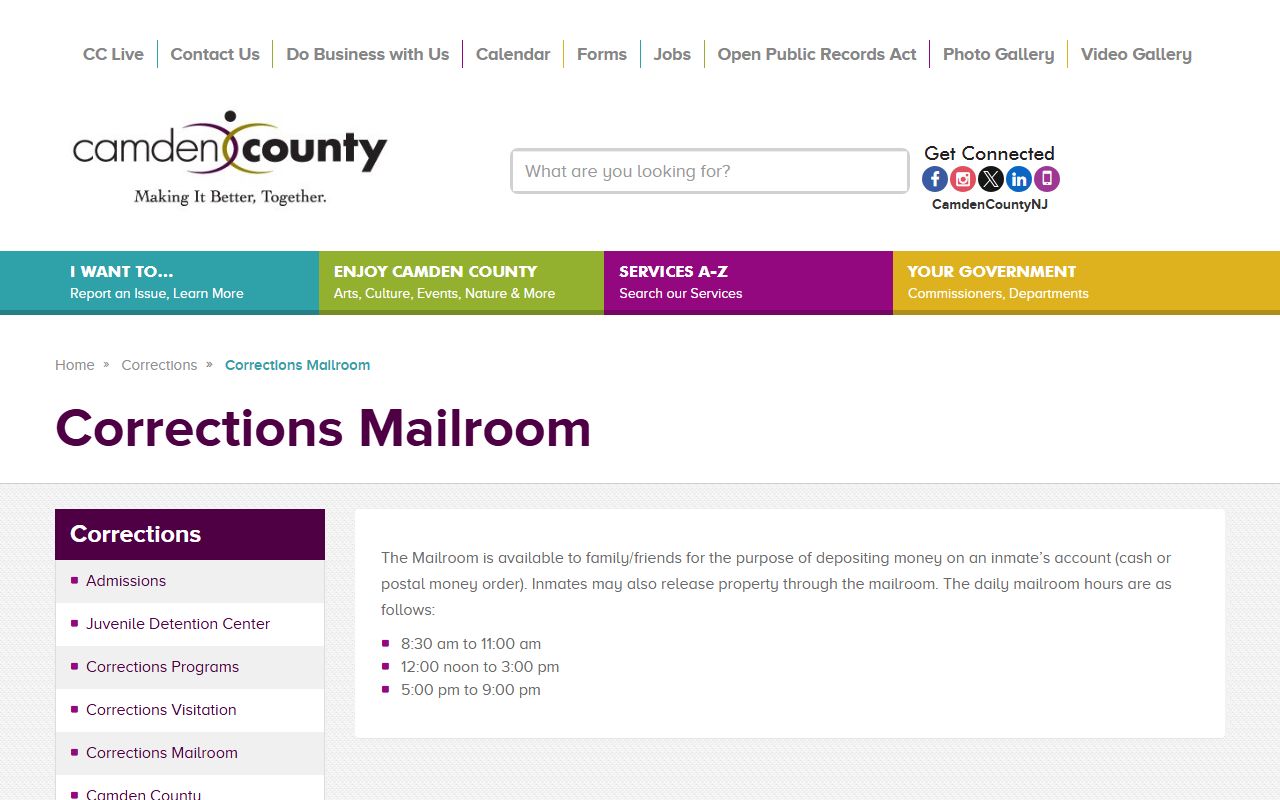 Camden County Corrections mailroom page for Camden County inmate money deposits and property