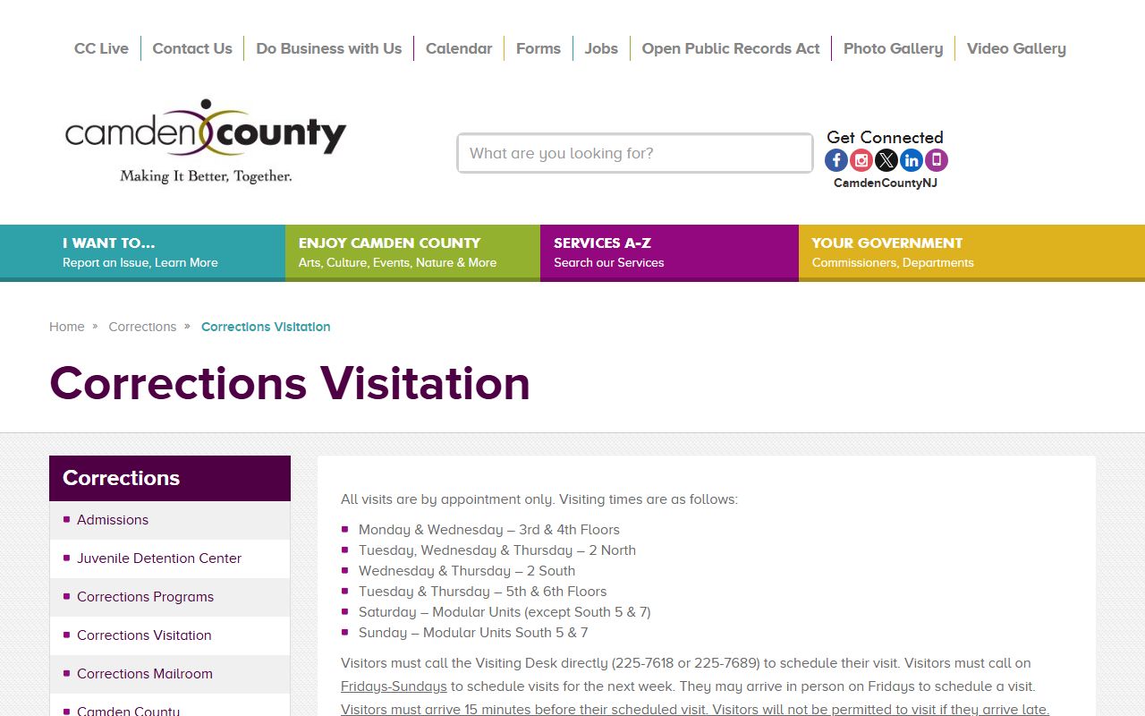 Camden County Corrections visitation page for Camden County inmate visits by appointment