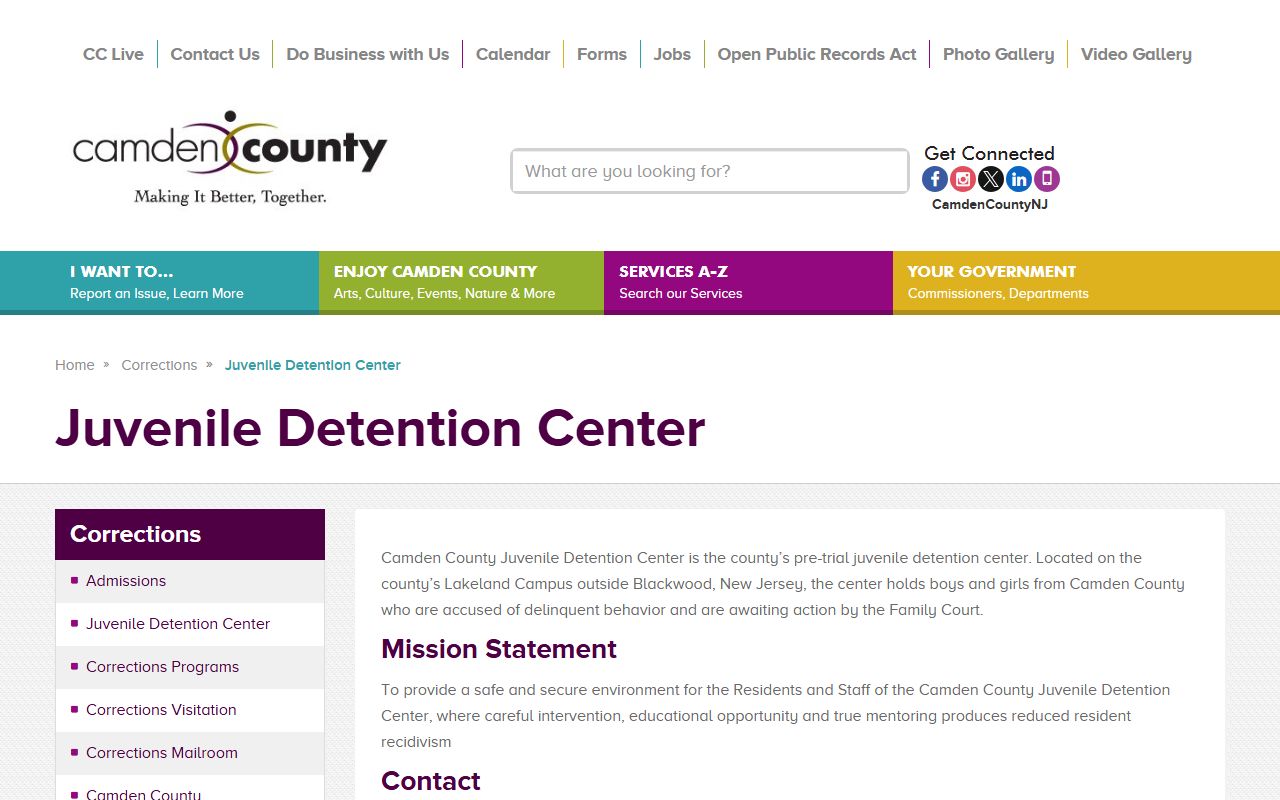Camden County Juvenile Detention Center page for juvenile inmate population