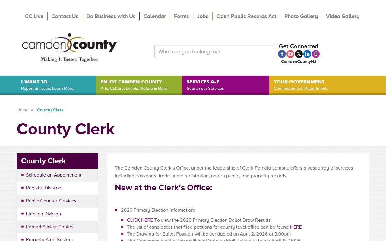 Camden County Clerk office page with property and records services in Camden County