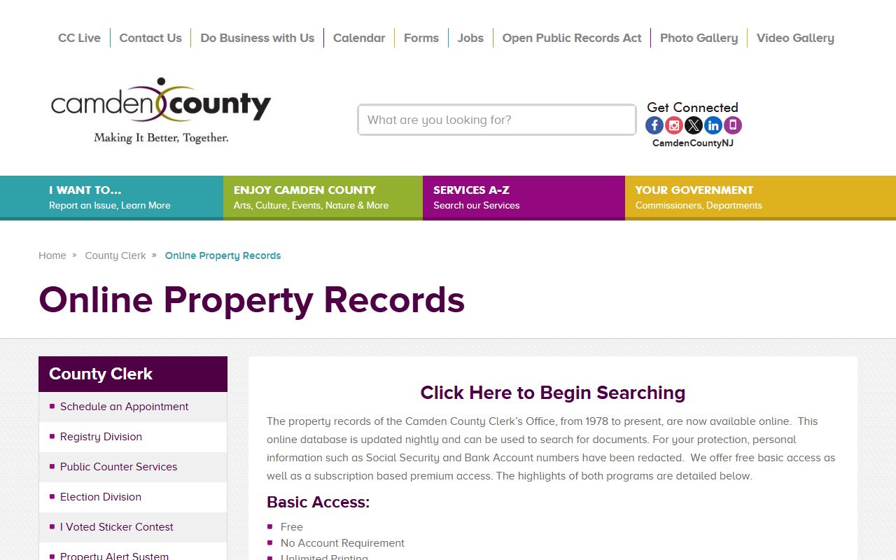 Camden County Clerk online property records access page for Camden County deeds and mortgages