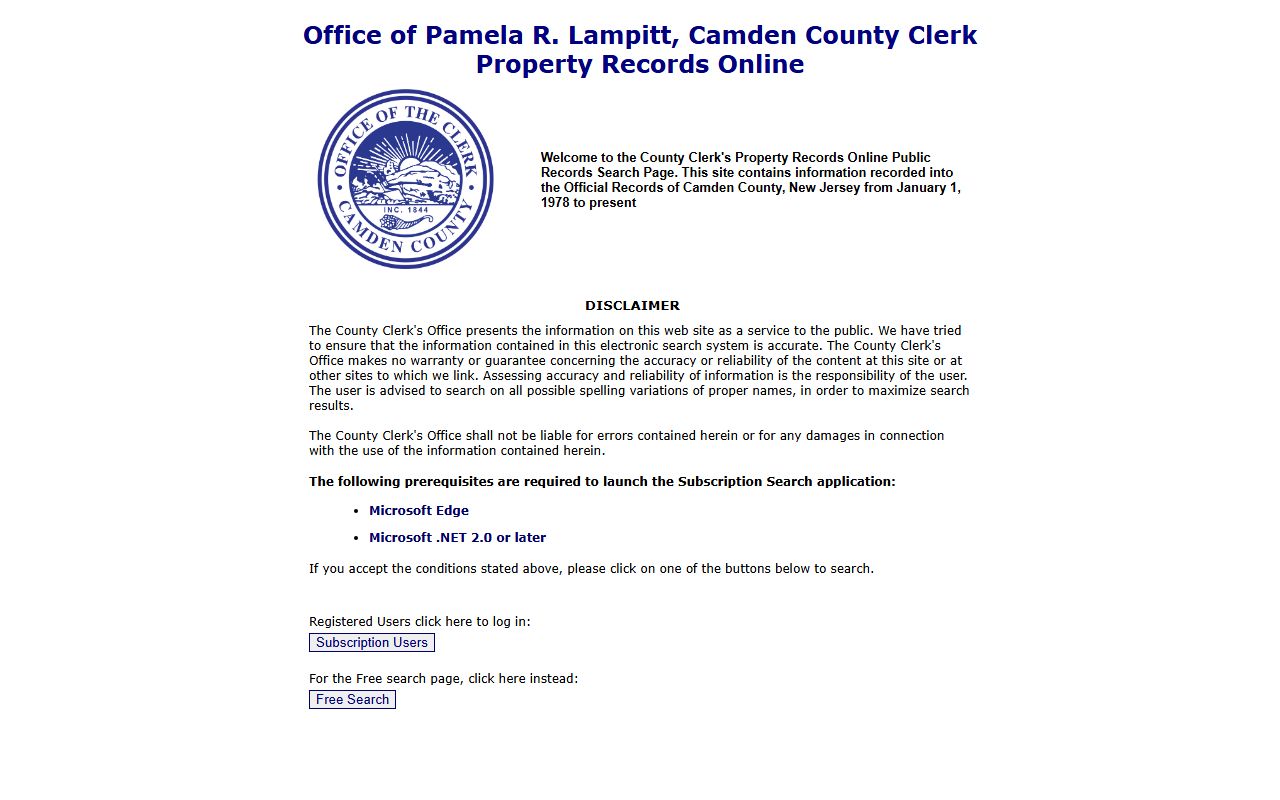 Camden County Clerk property records search portal fields for deeds and mortgages