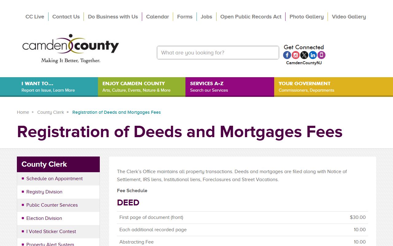 Camden County Clerk recording and fees page for Camden County deeds and mortgages