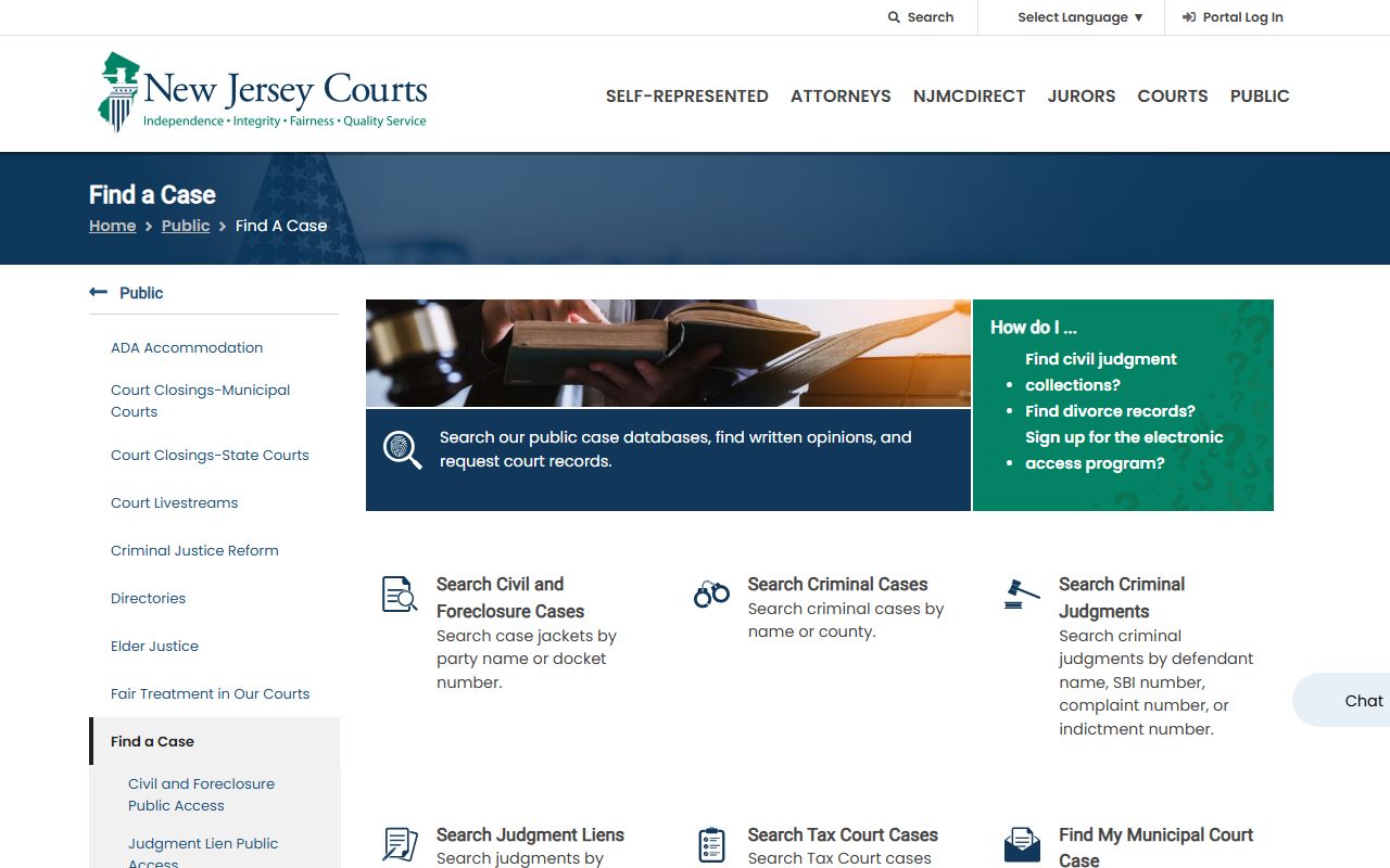 Camden County court records search on the NJ Courts Find a Case page