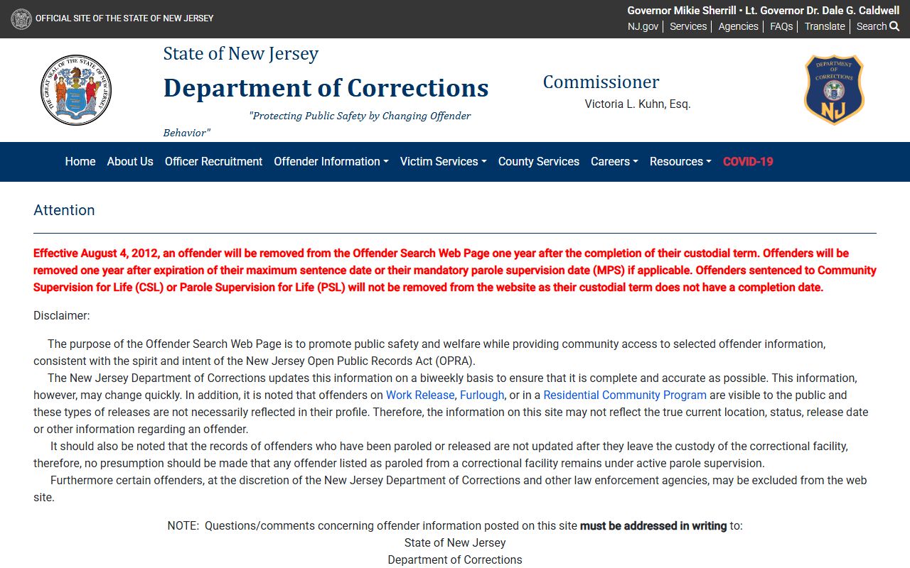 NJDOC offender search disclaimer page for a Camden County inmate held in state prison