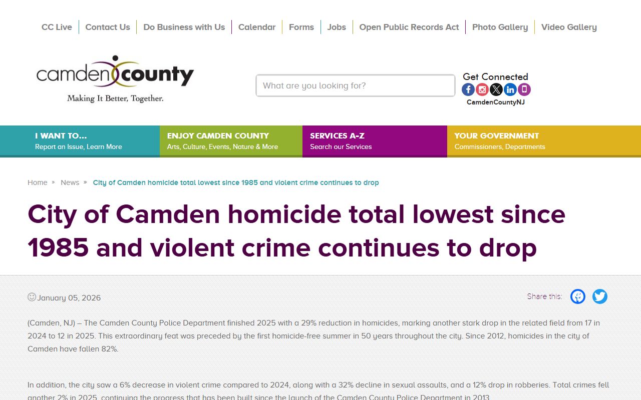 Camden County release on falling homicide and violent crime for Camden arrest records context