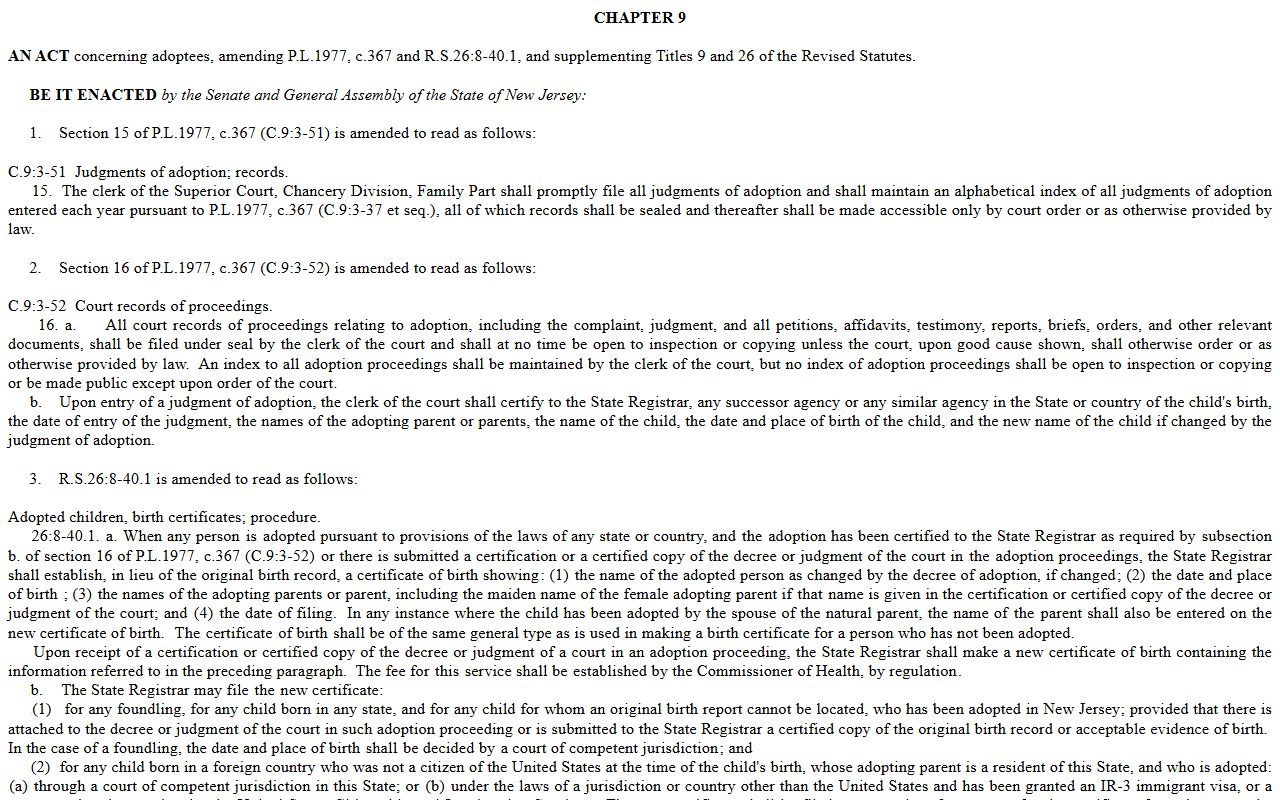 New Jersey adoption statute for sealed Camden County surrogate records
