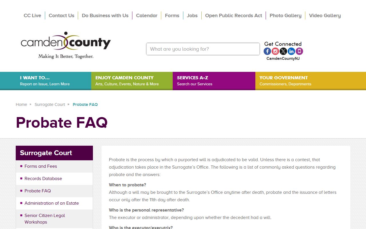 Camden County Surrogate probate FAQ for Camden County probate records