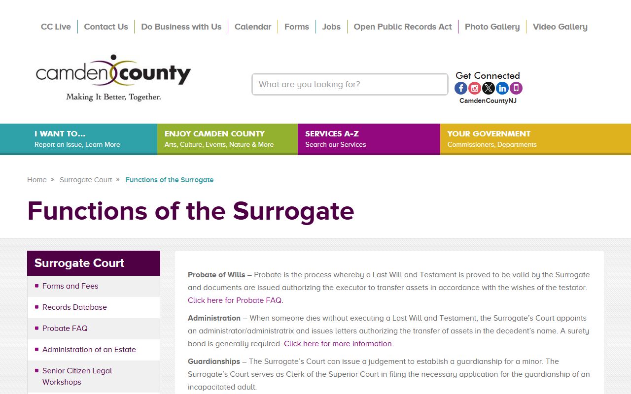 Camden County Surrogate functions page for probate and surrogate records