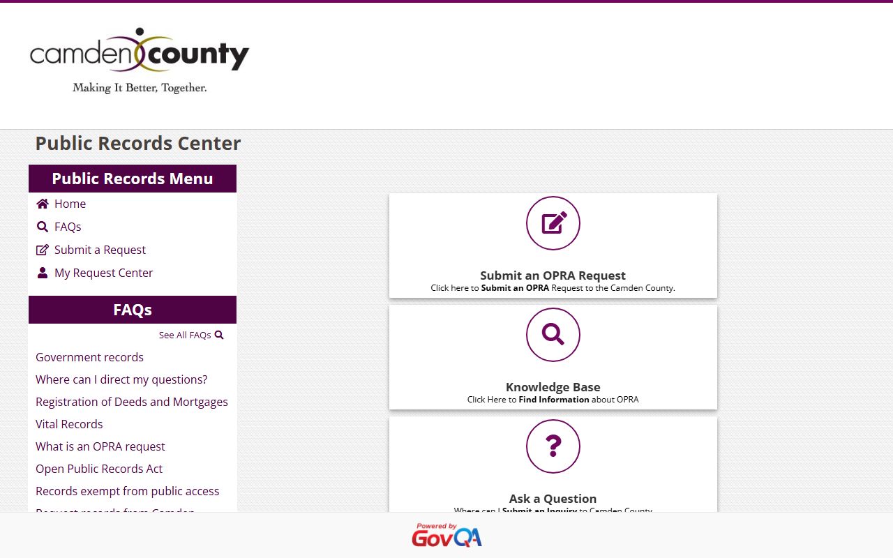 Camden County OPRA portal for public records requests